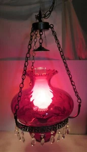 Vintage rubinroter Glas hängender Kronleuchter mit baumelnden Kristallen - Bild 1 von 12