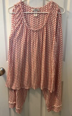 Ellen Tracy Womens Pajama Set Soft Knit Sleeveless Capris Ruffled Orange White L - Image 1 of 4