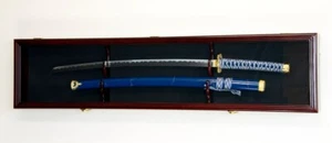Sword Display Case Saber Scabbard Samurai Blade Cherry Wood Cabinet Wall Frame - Picture 1 of 10