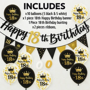 18th Birthday Decorations Set Black Gold White Balloons Banner Bunting & Ribbons - Picture 1 of 3