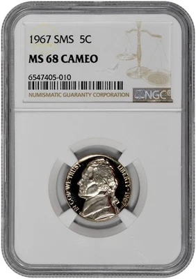 1967 SMS 5C Jefferson Nickel NGC Graded MS 68 Cameo with New Holder - Image 1 of 2