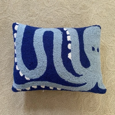 Blue Octopus 18”x14” Wool Hook Pillow Artisan Crafted Velvet Back Cotton Beach - Image 1 of 4