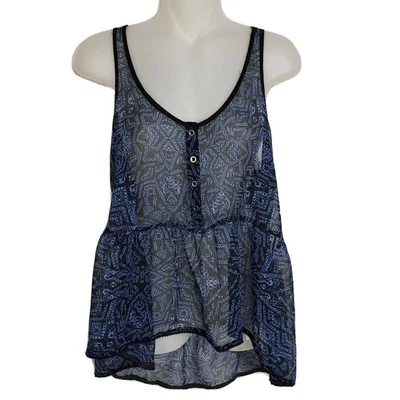 ECOTE Womens Tank Top Size Small Blue Black Print Racerback Sheer Peplum Hi Low - Image 1 of 4