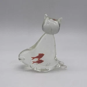 Vintage Hand Blown Art Glass Cat Goldfish In Belly Fishbowl Figurine Paperweight - Picture 1 of 4