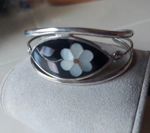 Brazalete abulón madreperla plata negra alpaca aguamarina México 7" + bolsa  - Imagen 1 de 5