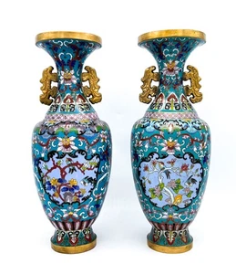 Pair of Vintage Chinese Cloisonné Vases Brass w Dragon Handles Turquoise Enamel - Picture 1 of 15