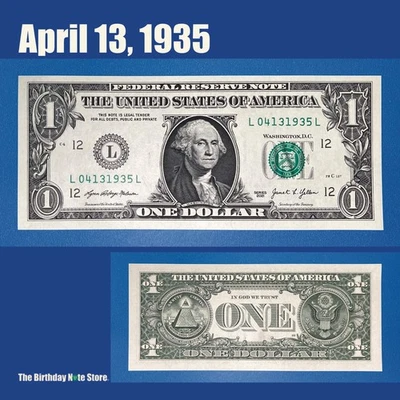 April 13, 1935 Birthday Anniversary $1 One Dollar Bill Serial Number 04131935 - Image 1 of 2