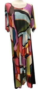 Ralston Midi Dress Size L Pockets Stretchy Lagenlook Art Black/Bright colours - Picture 1 of 17