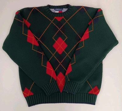 Vintage Tommy Hilfiger Green Argyle Wool Sweater Size XLarge Heavy Knit  - Image 1 of 4