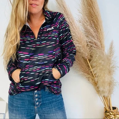 NUEVO FILA SPORT Negro Rosa Púrpura Neón Rayas Chaqueta Rompevientos Pullover Cremallera L Foto 1 de 4