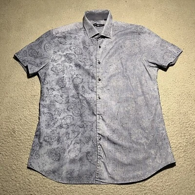 Stone Rose Button Shirt Mens Size 3 Blue Paisley Short Sleeve Polyester Cotton - Image 1 of 4