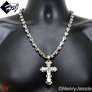 24"MEN Stainless Steel 8mm Silver Interlock Chain Black Plated Cross Pendant*B72 - Picture 1 of 4