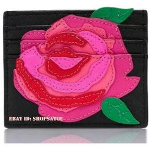 KATE SPADE Leather Rose-Colored Glasses Rose Applique Slim Card Holder Card Case - Picture 1 of 7