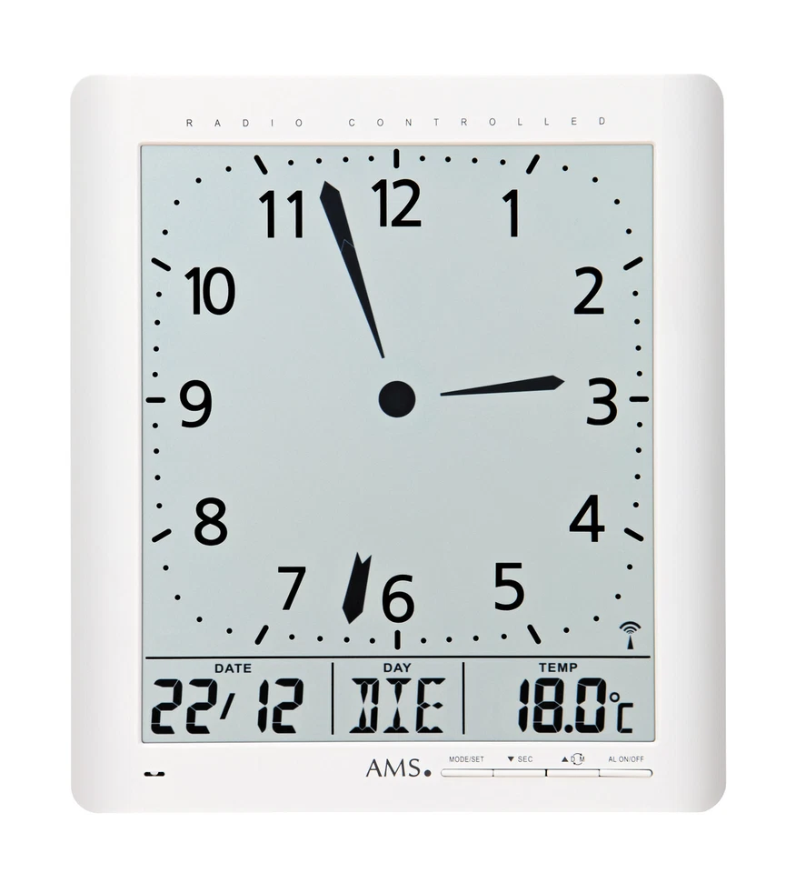 AMS 5896 Wanduhr Tischuhr Funk analog und digital weiß Datum Thermometer - Bild 1 von 1