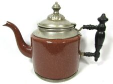 Antique Manning Bowman Brown Speckled Enamelware Pewter Gooseneck Coffee Pot