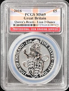 2016 Great Britain Queen's Beasts £5 Lion 2 oz 99.99% Fine Silver Coin PCGS MS69 - Picture 1 of 2