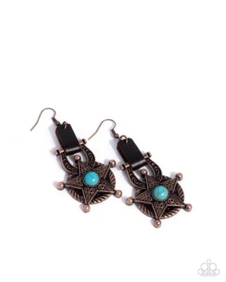 Paparazzi-Western Warden - Copper -Leather Stirrup - Turquoise Stone - Star Earr - Image 1 of 2