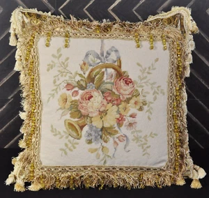Funda de almohada de lana de punta pequeña cesta de flores con cinta azul n musical 23x23 - Imagen 1 de 12