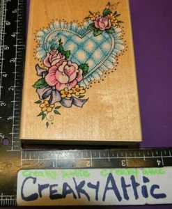 ROSES HEART STITCHED PILLOW LACE FLOWER RUBBER STAMP STAMPENDOUS P002 CREAKYATTI - Picture 1 of 6
