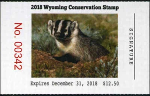 WYOMING  #34  2018 STATE CONSERVATION /  DUCK STAMP BADGER By Justin Hayward - Picture 1 of 1