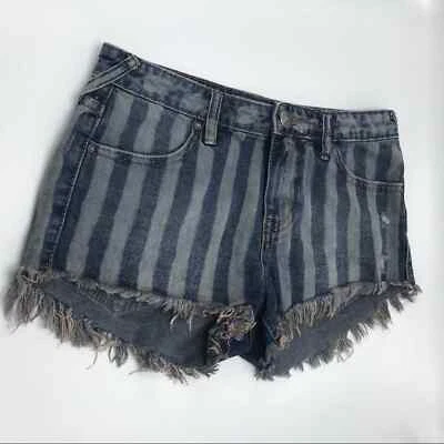 Pantalones Cortos Free People Denim A Rayas Desgastados Borde Crudo Dobladillo Deshilachado Talla 27 Boho Foto 1 de 4
