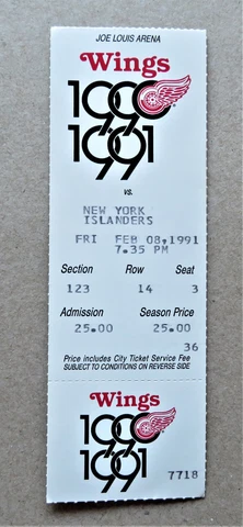 Red Wings vs New York Islanders ticket stub Feb 08, 1991 - Detroit Win 8-4 Cover