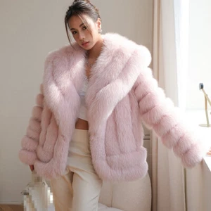 Pink Women Genuine Fox Fur Coat Big Lapel Winter Real Fur Outwear Fashion Jacket - Picture 1 of 12