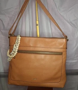 Vintage FOSSIL Camel Brown Leather Over Shoulder / Crossbody Tote Purse Bag - Picture 1 of 4