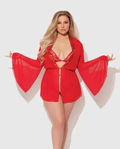 Bata de malla roja dragón, top satinado y tanga conjunto de lencería de 3 piezas talla grande - 3X/4X - Imagen 1 de 5