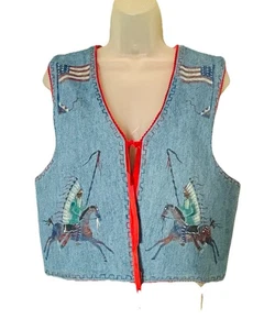 Chaleco Denim Patricia Wolf De Colección Talla M Rojo Guinga Pintado a Mano Indio Americano - Imagen 1 de 9