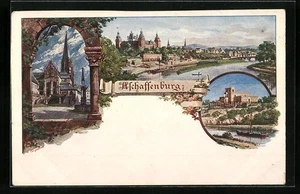 Künstler-AK Aschaffenburg, Uferpartie mit dem Schloss, Kirche  - Picture 1 of 2