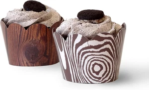 Camping Party Decorations Wood Grain Cupcake Wrappers 48 Pcs Woodland Themed - Bild 1 von 12