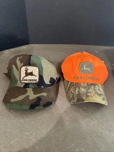 Lot Of 2 Vintage JOHN DEER Camo Blaze Orange Ball Cap Hat - Picture 1 of 10