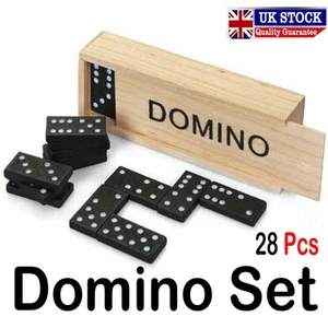 28Pc Traditional Dominoes Set Wooden Box Toy Classic Game Kids Black White Dots - Picture 1 of 6