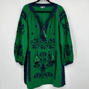 Frances Valentine Embroidered Tunic Dress Green Navy Blue Tassels Size L - Picture 1 of 13
