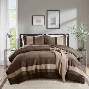 Boulder Stripe 3-Piece Brown King/Cal King Pieced Faux Suede Comforter Set - Picture 1 of 11