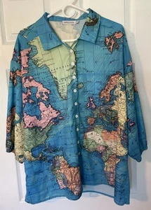 Globe Print Women's Shirt Blouse 2XL World Map Print Long Sleeve Top Geography - Picture 1 of 15