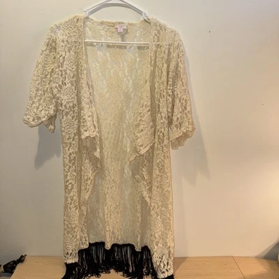 Cárdigan Plumero Lularoe Talla S Multicolor Encaje Flecos Frente Abierto Transparente Corto Slv Foto 1 de 4