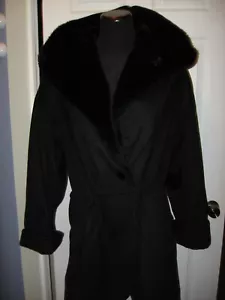 Andrea,Black Heavy Wool Coat.Fur Lined Hood,Cuff Sleeve,Satin Lined,USA made L - Picture 1 of 15