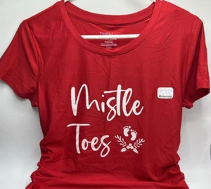 Women's Size M (8-10) Christmas Maternity Short Sleeve Tee Shirt Red Mistle Toes - Picture 1 of 4