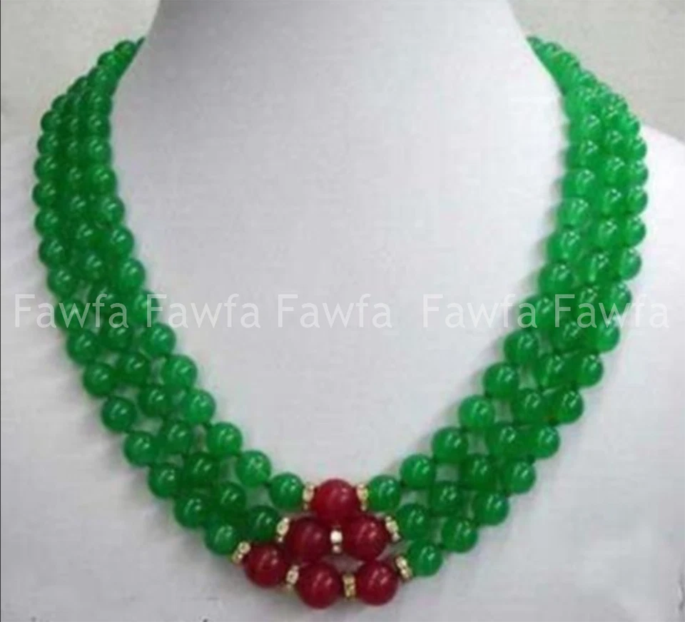 Collar de cuentas gemas redondas de jade verde rojo natural de 6/8/10 mm de 3 filas 17-19"" Foto 1 de 3