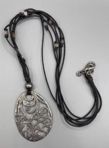 SILPADA 925 Sterling Silver Filigree Pendant Black Beaded Cord Necklace 21" - Picture 1 of 8
