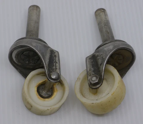 2 VINTAGE BASSICK METAL FURNITURE CASTERS w PLASTIC WHEELS FOR CHAIR, TABLE Cover
