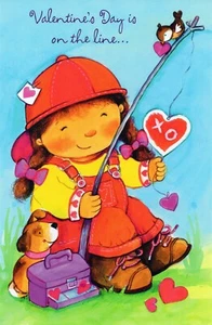 Cute VALENTINE'S DAY Card FOR YOUNG GIRL, Dog Fishing by American Greetings +✉ - Picture 1 of 5