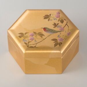 Vintage Japanese Handmade Lacquer Trinket Box, Gold Octagonal Bird