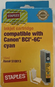 Staples Canon BCI-6C Cyan Ink # 510013 US Cartridge  New Pixma. BJC - Picture 1 of 5