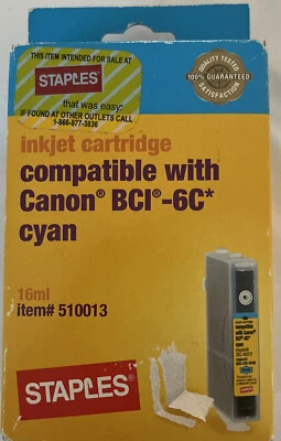 Staples Canon BCI-6C Cyan Ink # 510013 US Cartridge  New Pixma. BJC - Image 1 of 4