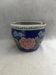 Chinoiseries Fischschale Übertopf rosa blau Blumen, emaillierter Topf, Indoor Outdoor  - Bild 1 von 8