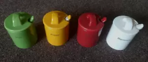 Cute Ceramic Condiment Set Like Longaberger 4 Pots With Lids and Spoons Unused - Picture 1 of 4
