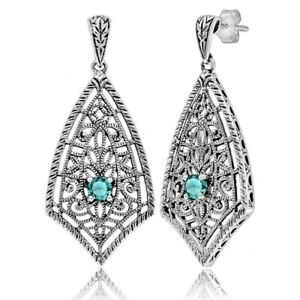 Natural 1CT Aquamarine 925 Solid Sterling Silver Art Nouveau Earrings FE2